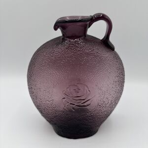 Vintage Clevenger Brothers Dark Amethyst Blown Glass Pitcher Rose in Snow Jug